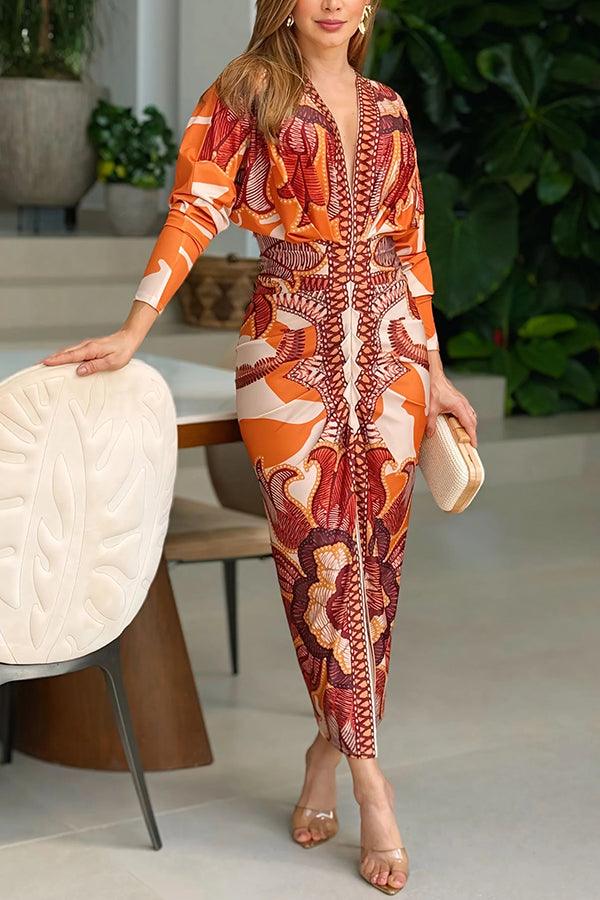Distinctive Print Long Sleeve Ruched Midi Dress with Slit