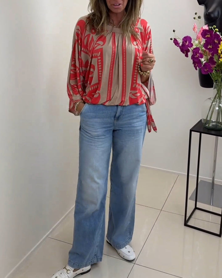 חולצה קז'ואלית עם צווארון עגול והדפסה ושרוולים ארוכים