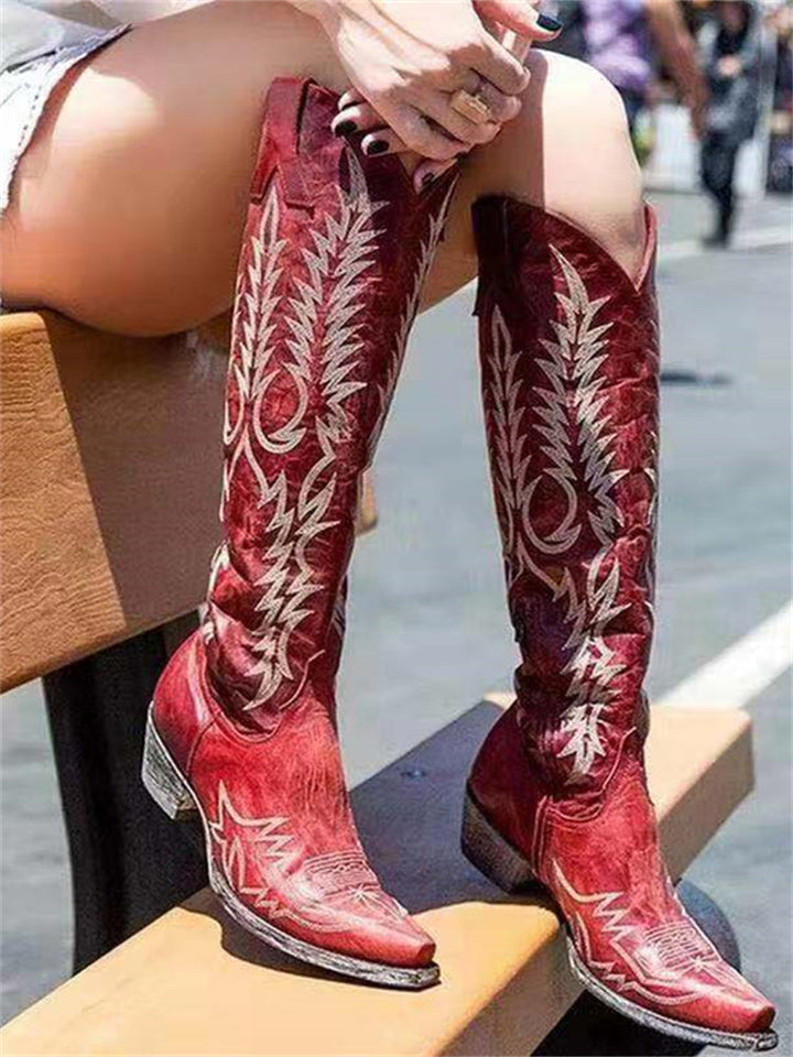 Retro Western Cowboy Knee-High Boots with Embroidery