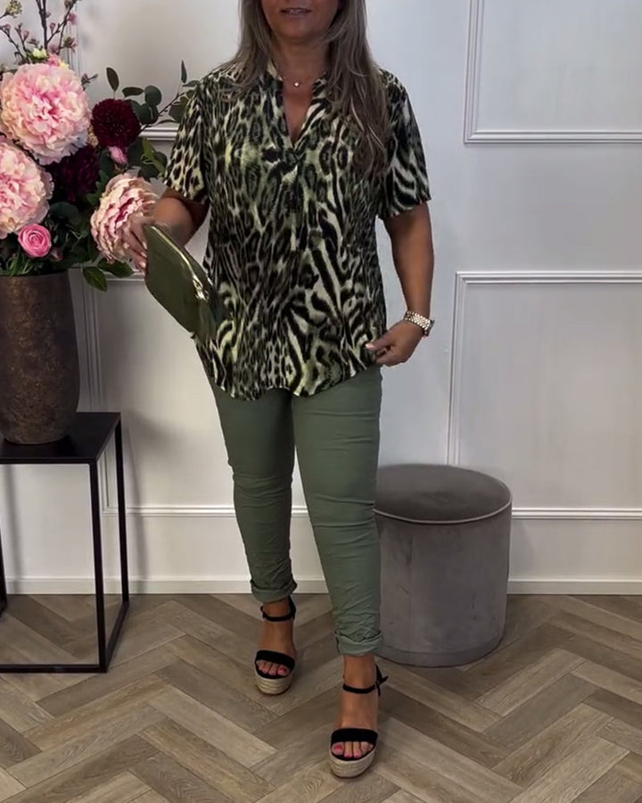 Chic Short Sleeve Leopard Print Blouse