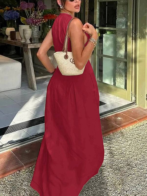 Maxi Dress with A-Line Loose Fit, Pleats, Pockets, Split Joint, and Zipper - Round Neck Design