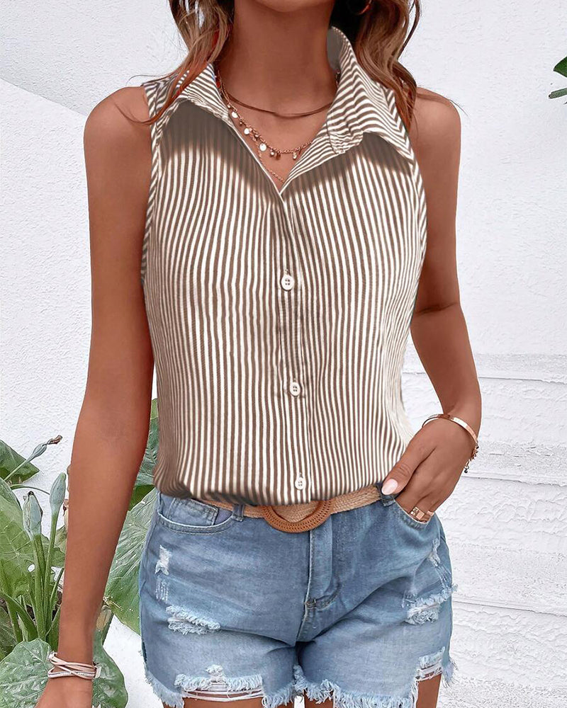 Striped Sleeveless Collared Tank Top