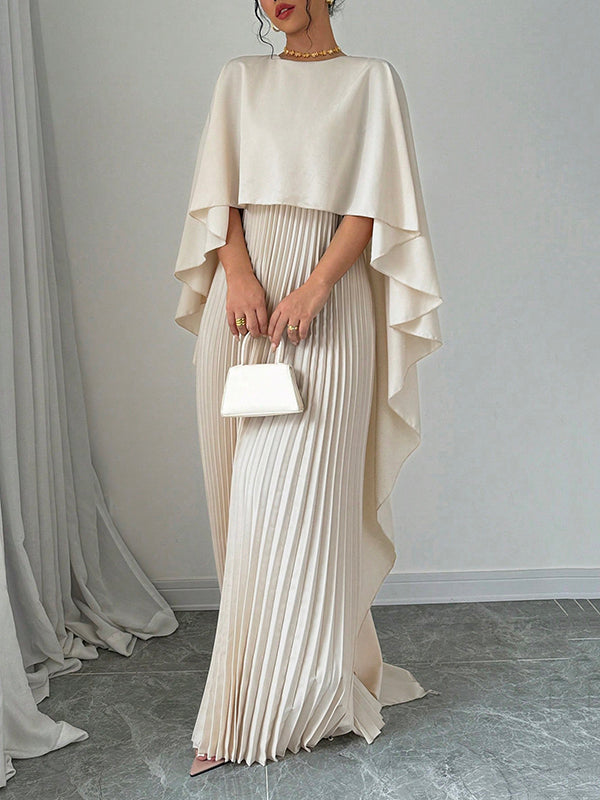 Maxi Evening Dress with Cape, High-Low Pleated Design, Solid Color, and Round Neck
