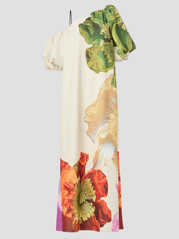 One-Shoulder A-Line Maxi Dress with Loose Fit and Floral Print