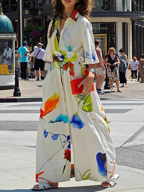 Maxi Shirt Dress with Half Sleeves, Asymmetric Hem, Printed Design, and Tied Waist