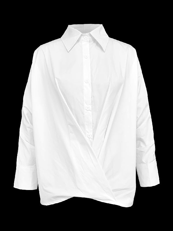 Solid Color Lapel Blouse with Buttoned Batwing Long Sleeves