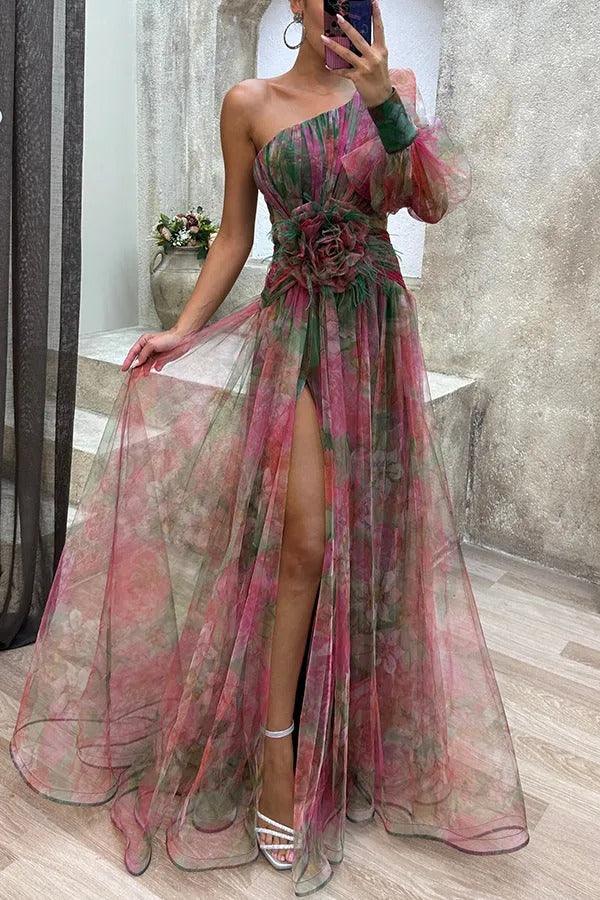 Stunning Floral Tulle Pleated One-Shoulder Maxi Dress with Side Slit