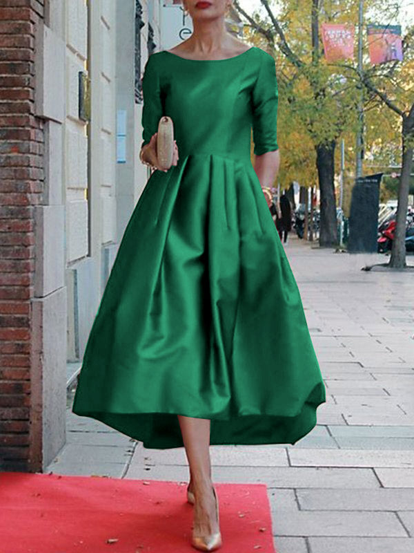 Solid Color A-Line Midi Dress with Loose Pleats, Pockets, and Split-Joint Round Neck