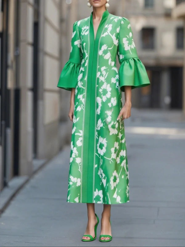 Floral Print Maxi Dress with Bell Sleeves and Side Slits