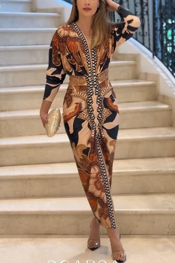 Distinctive Print Long Sleeve Ruched Midi Dress with Slit