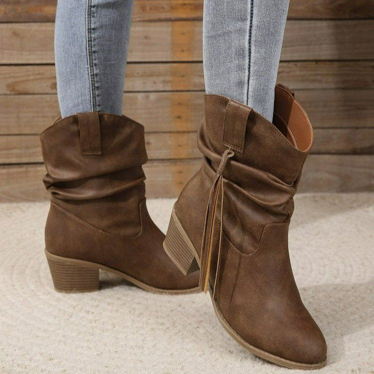 Retro Western Cowboy Ankle Boots with Tassels