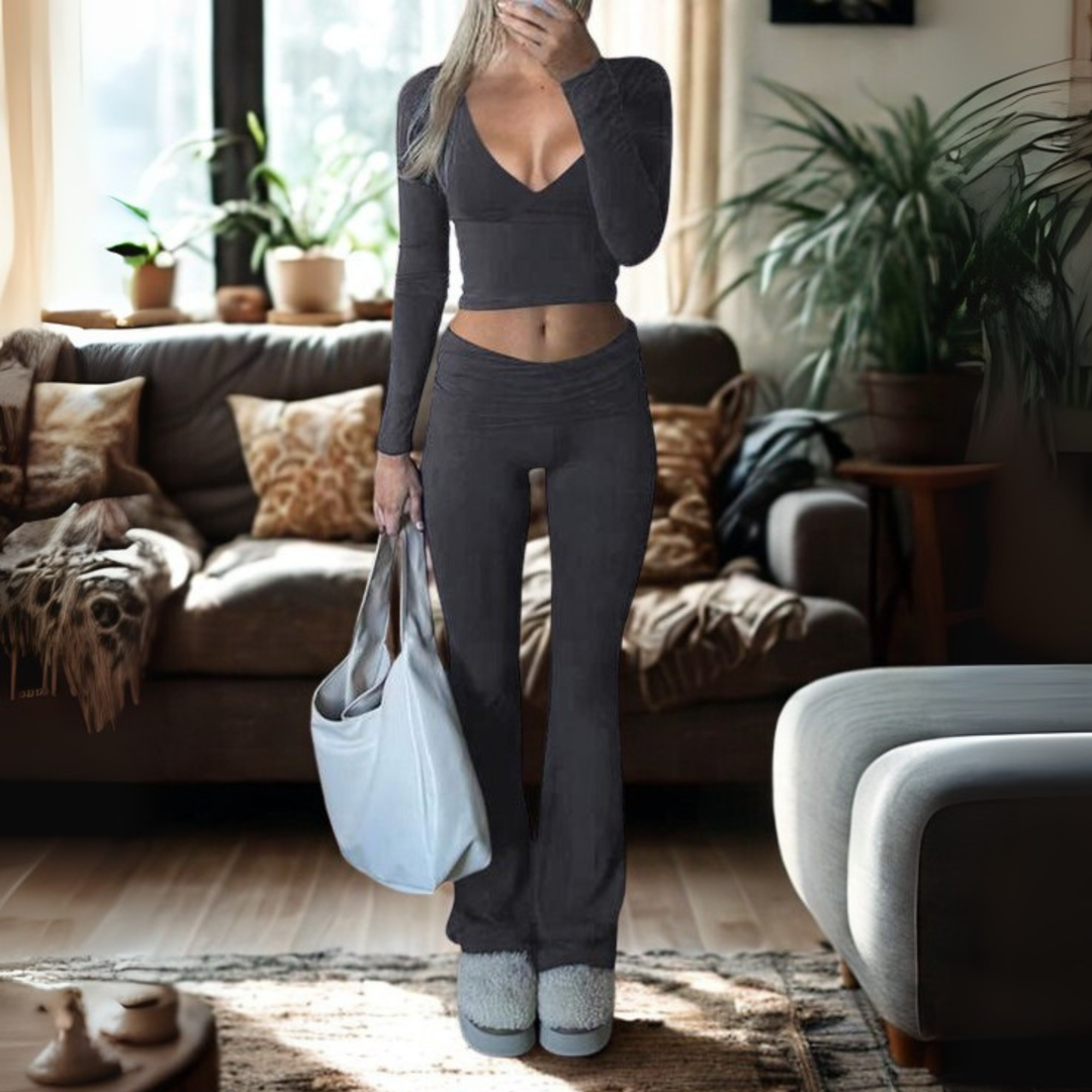 SINA™ - Relaxed V-Neck Long Sleeve Crop Top and Trousers Set