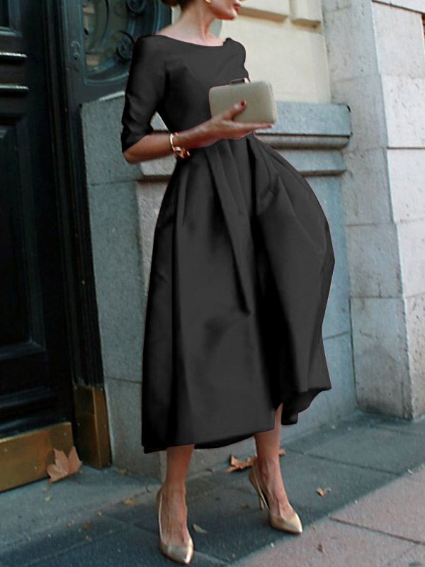 Solid Color A-Line Midi Dress with Loose Pleats, Pockets, and Split-Joint Round Neck