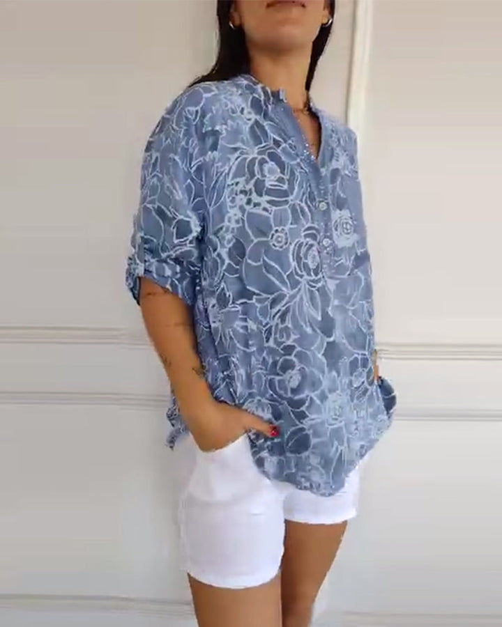 Printed V-Neck Button-Up Blouse