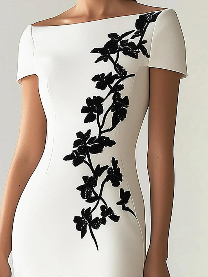Elegant Floral Boat Neck Midi Dress