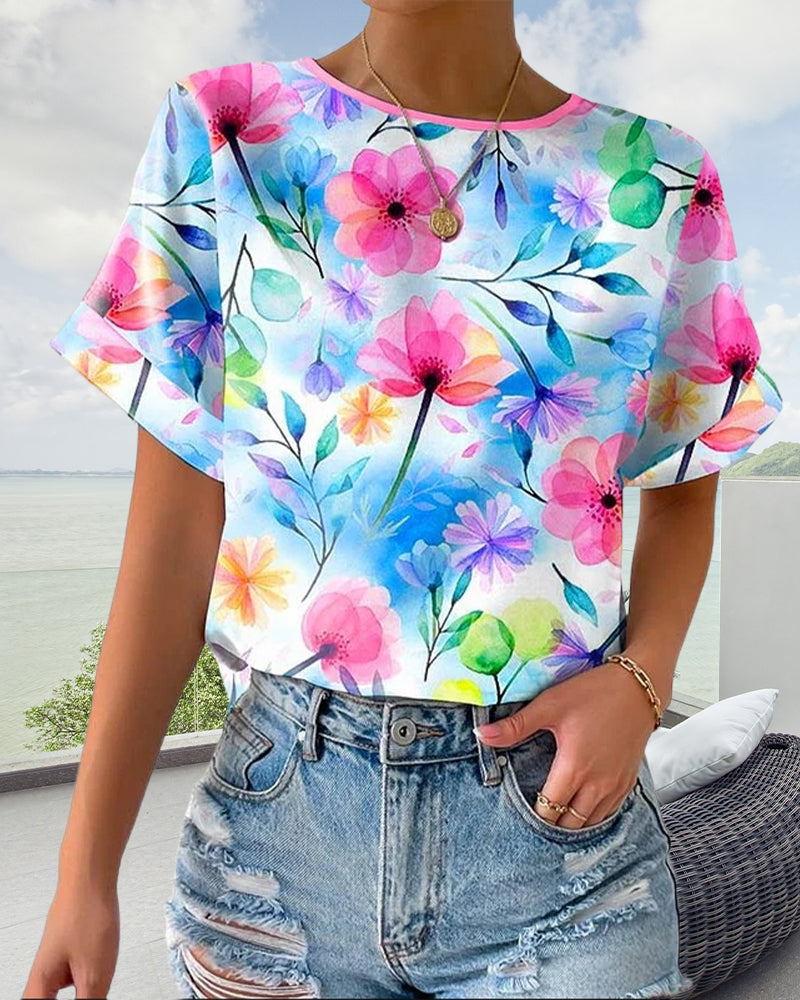 Short Sleeve Round Neck Printed Blouse