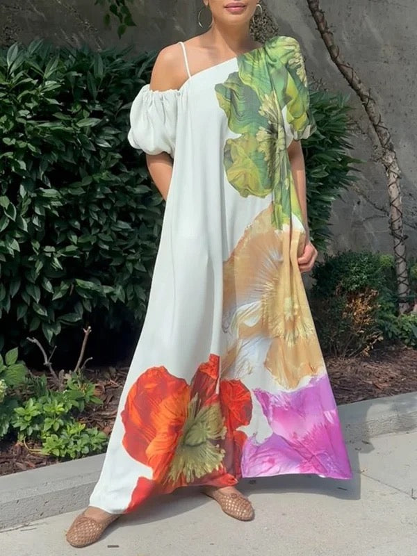 One-Shoulder A-Line Maxi Dress with Loose Fit and Floral Print