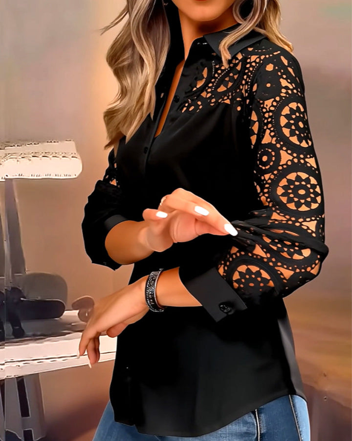 Lace Patchwork Solid Color Lapel Blouse