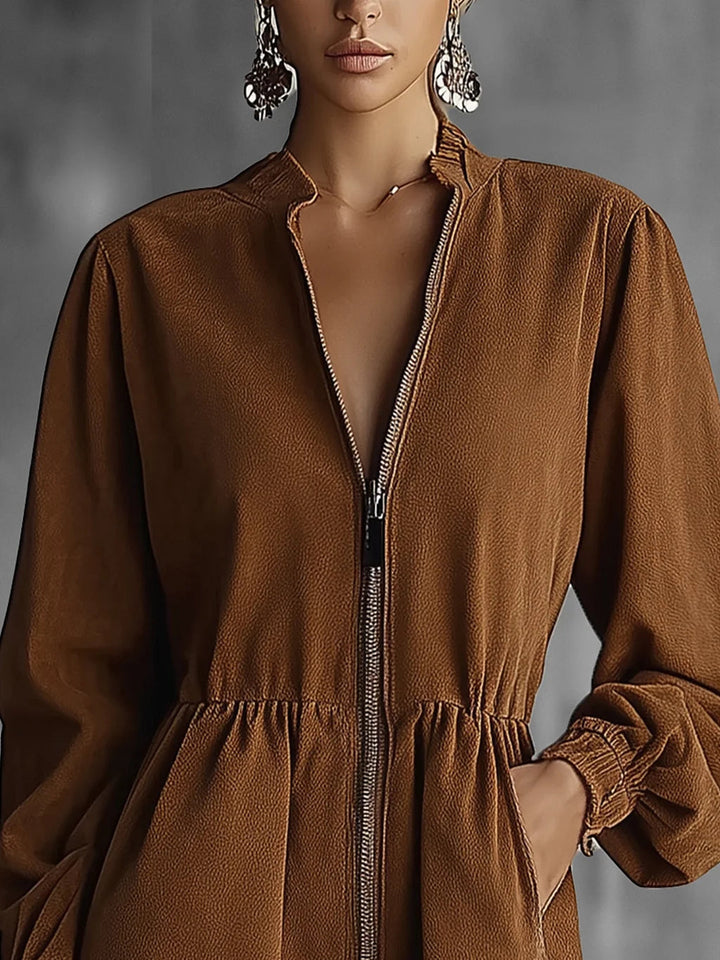 Brown Faux Suede Mini Dress with Zip-Up Closure