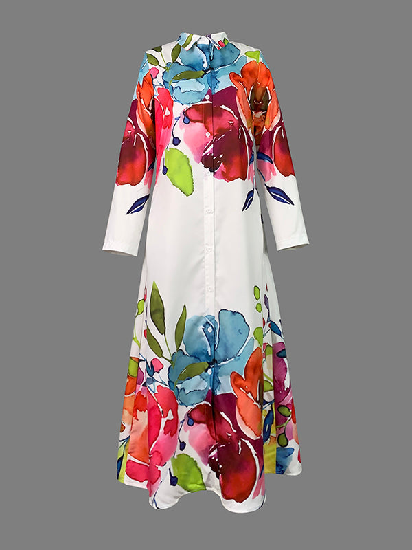 Floral Print Maxi Shirt Dress with Long Sleeves and Button Closure