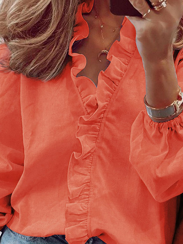 V-Neck Blouses with Puff Sleeves and Ruffled Hem in Solid Colors