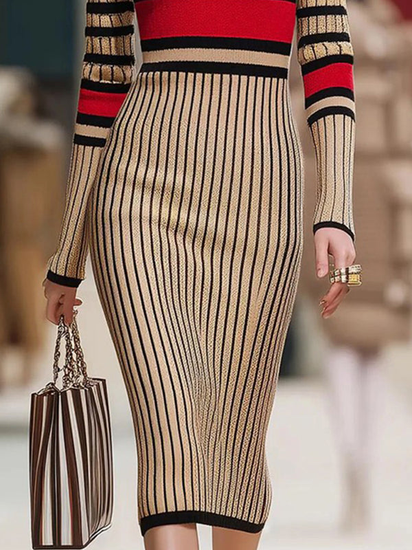 High Neck Midi Sweater Dress with Long Sleeves and Contrast Color Stripes