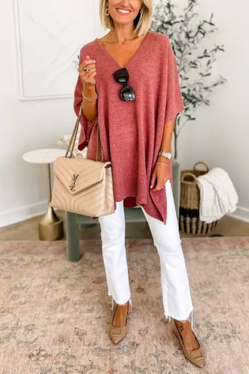 Stylish V-Neck Loose-Fit Solid Poncho Sweater