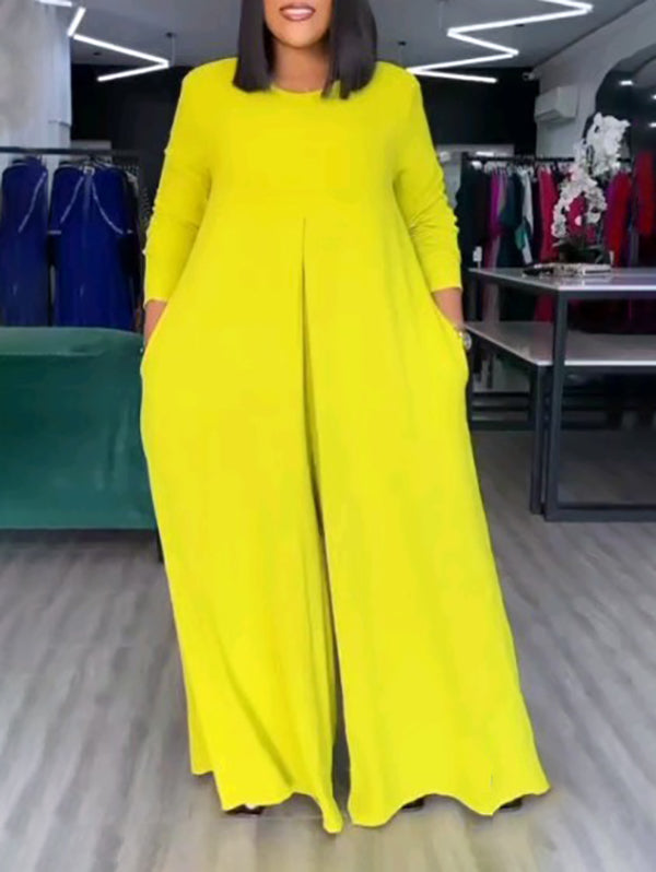 Relaxed Fit Wide Leg Jumpsuit with Pockets and Round Neck