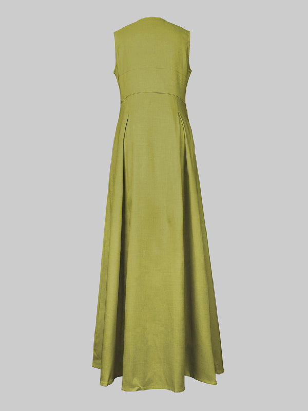 Maxi Dress with A-Line Loose Fit, Pleats, Pockets, Split Joint, and Zipper - Round Neck Design