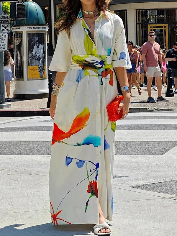Maxi Shirt Dress with Half Sleeves, Asymmetric Hem, Printed Design, and Tied Waist