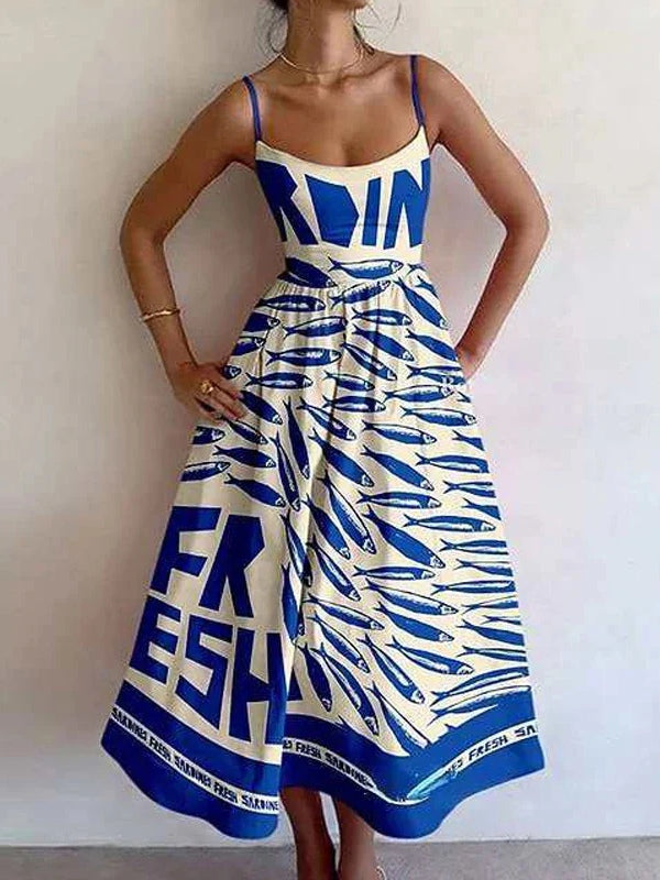 Retro Sardine Print Pinafore Dress