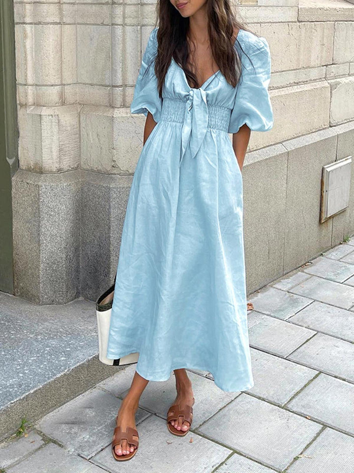 Front Tie Midi Dress in Linen Cotton