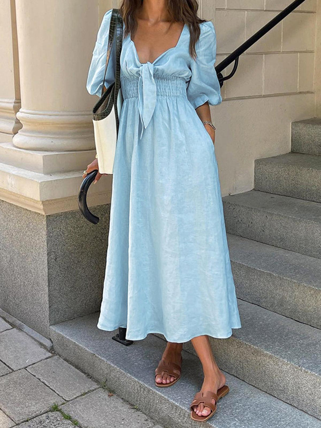 Front Tie Midi Dress in Linen Cotton