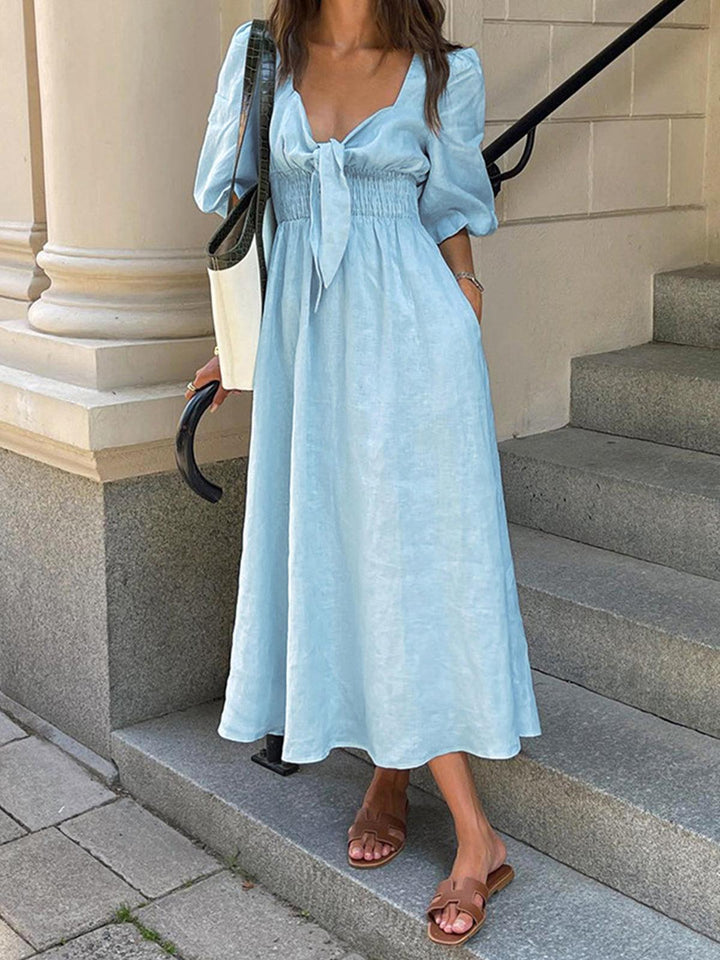 Front Tie Midi Dress in Linen Cotton