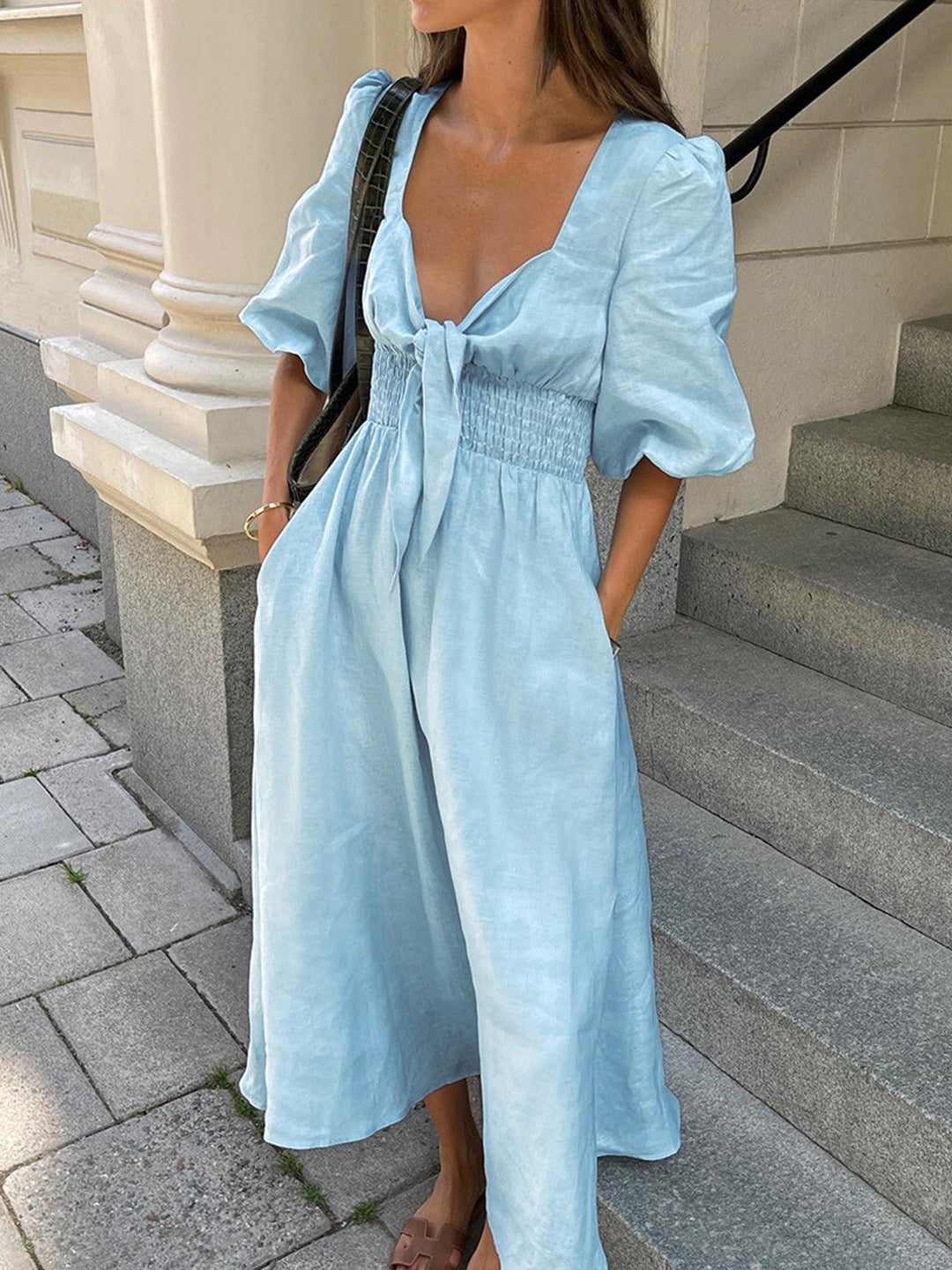 Front Tie Midi Dress in Linen Cotton