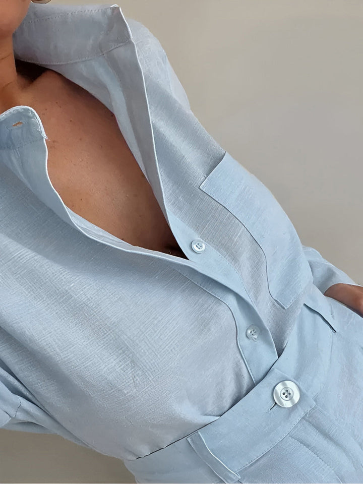 סט מכנסיים קצרים עם שרוולים ארוכים בגזרה נינוחה מכותנה ופשתן