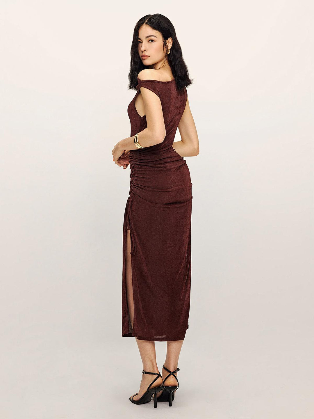 Midi Dress with Drawstring and Split Design
