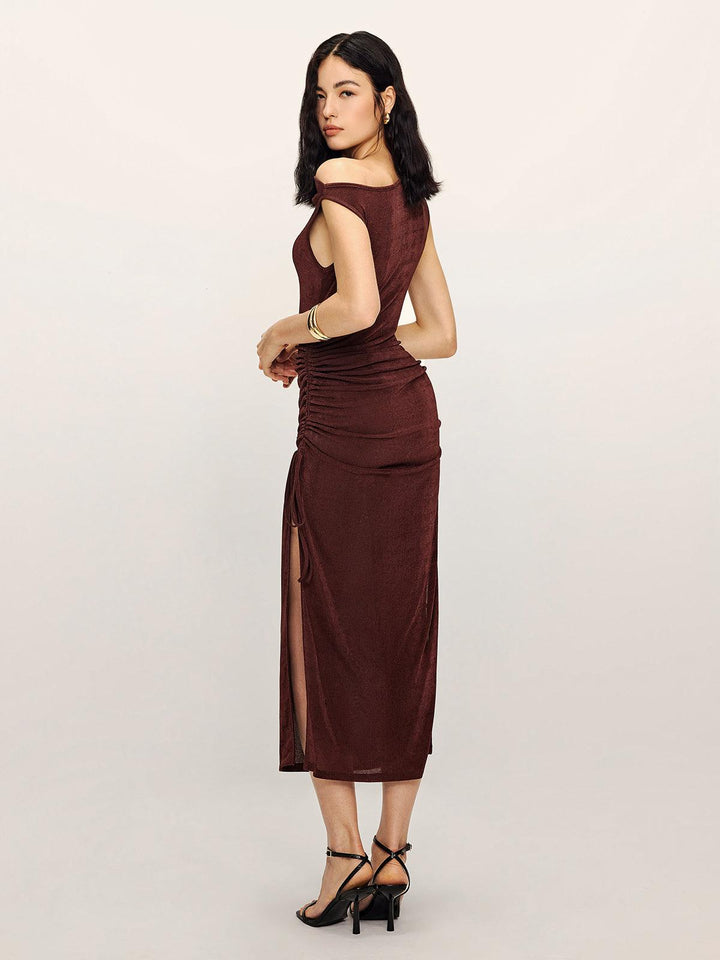 Midi Dress with Drawstring and Split Design