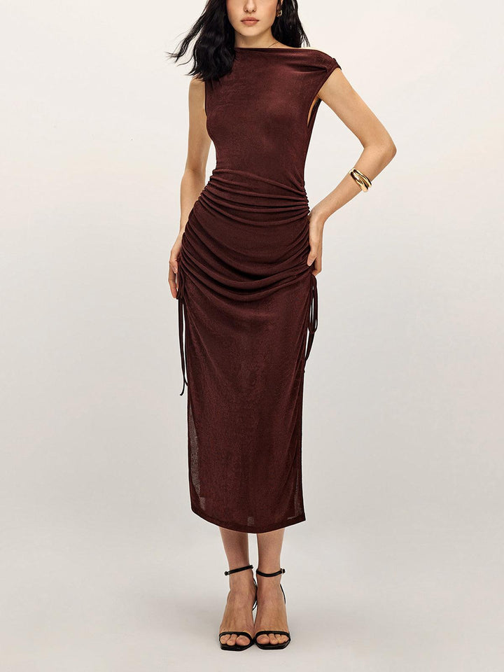 Midi Dress with Drawstring and Split Design