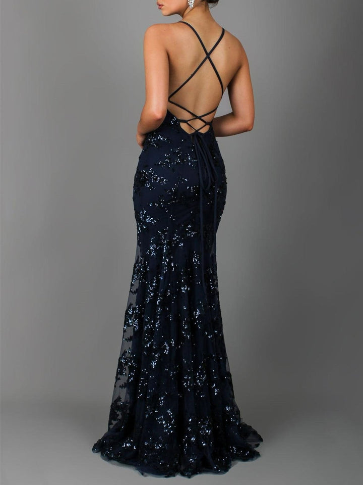 Backless Maxi Dress with Sequin V-Neck