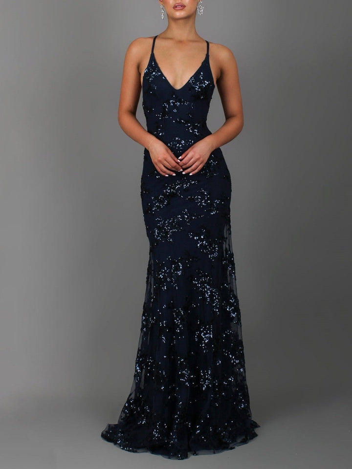Backless Maxi Dress with Sequin V-Neck