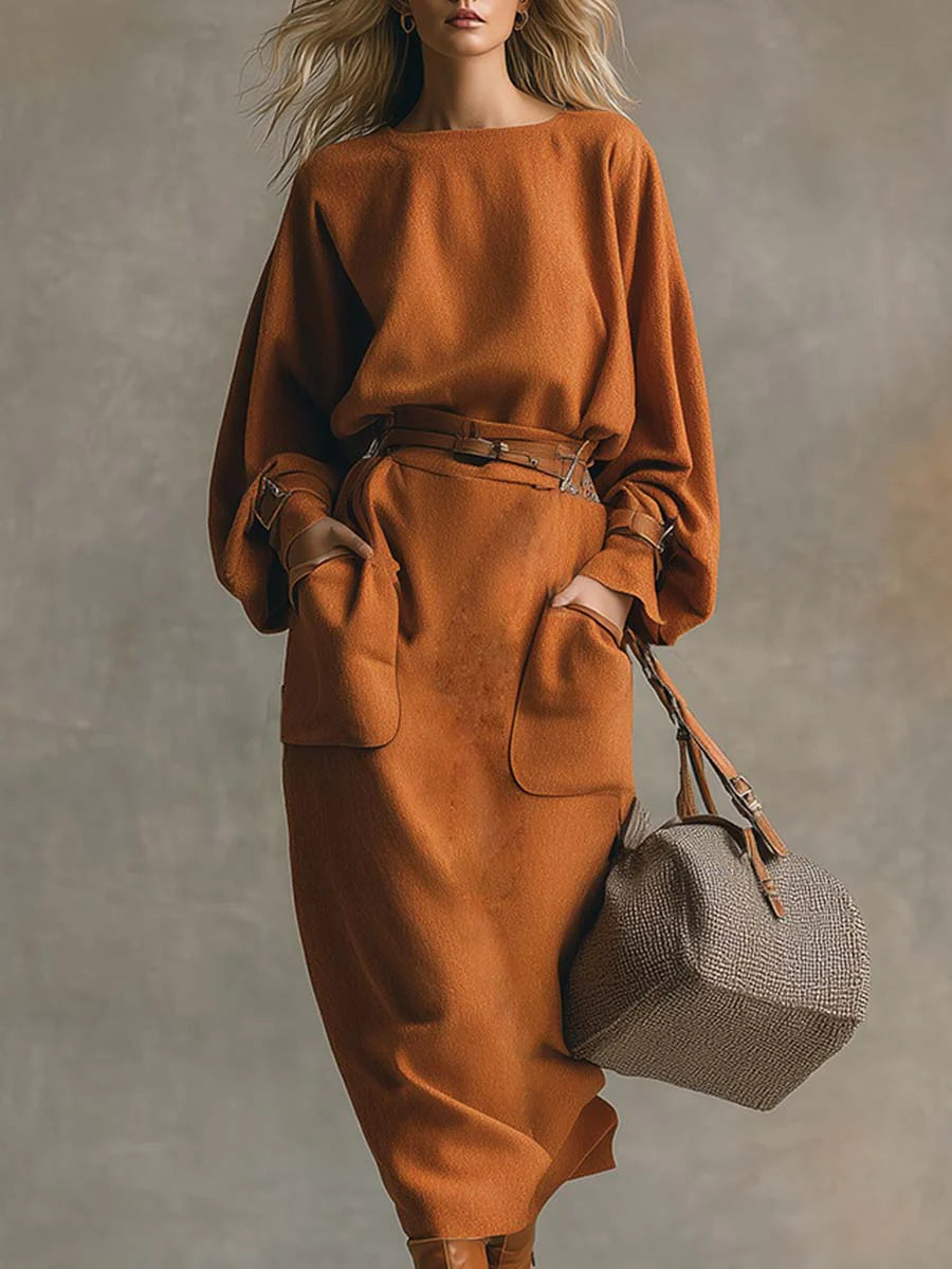 Suede Set: Orange Crew Neck Top with Pocket Maxi Skirt