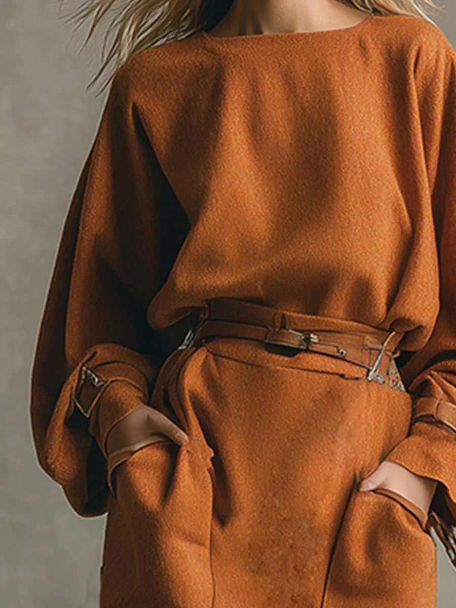 Suede Set: Orange Crew Neck Top with Pocket Maxi Skirt