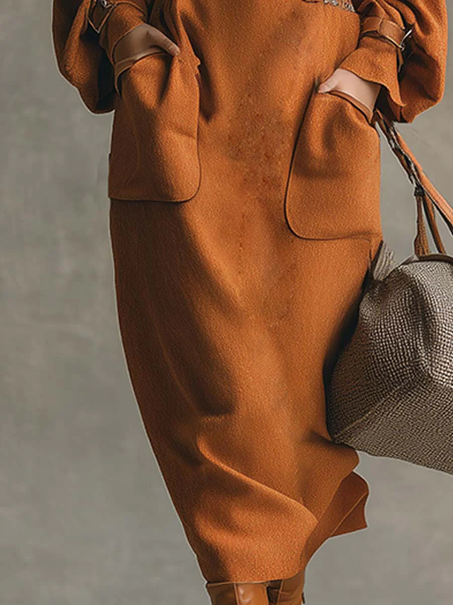 Suede Set: Orange Crew Neck Top with Pocket Maxi Skirt