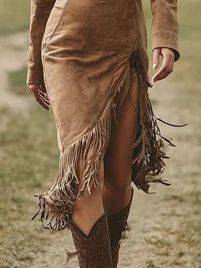 Suede Midi Dress with Long Sleeves and Irregular Tassel Hem