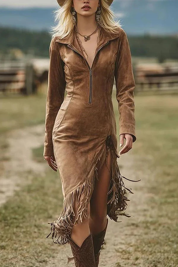 Suede Midi Dress with Long Sleeves and Irregular Tassel Hem
