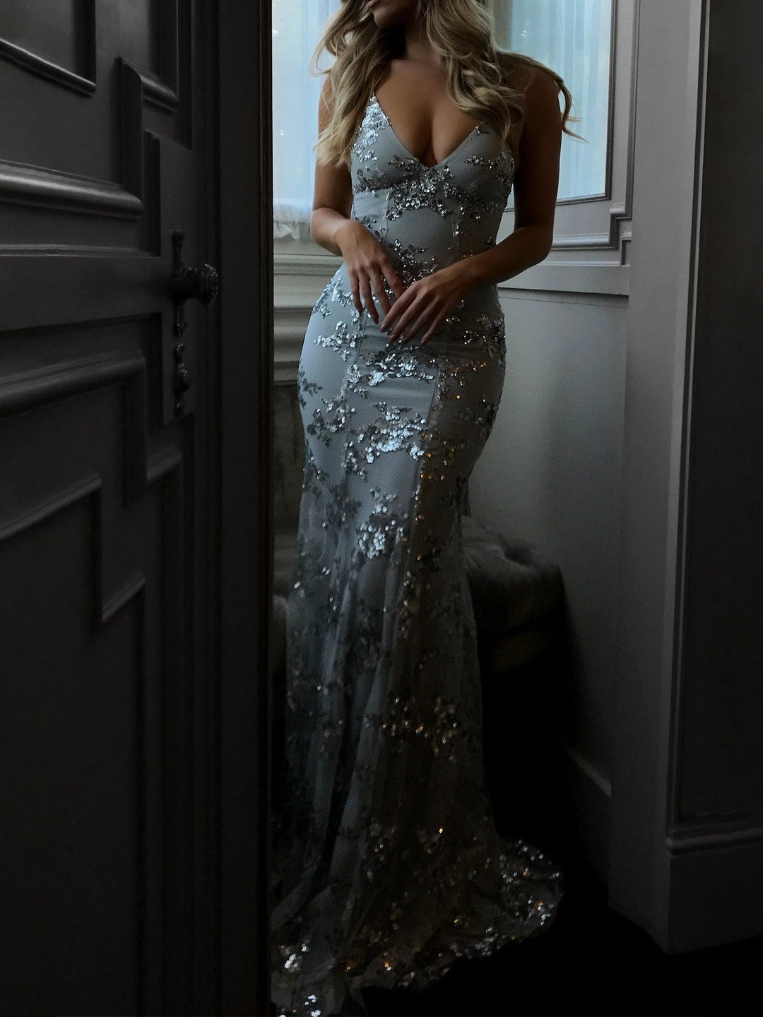 Backless Maxi Dress with Sequin V-Neck