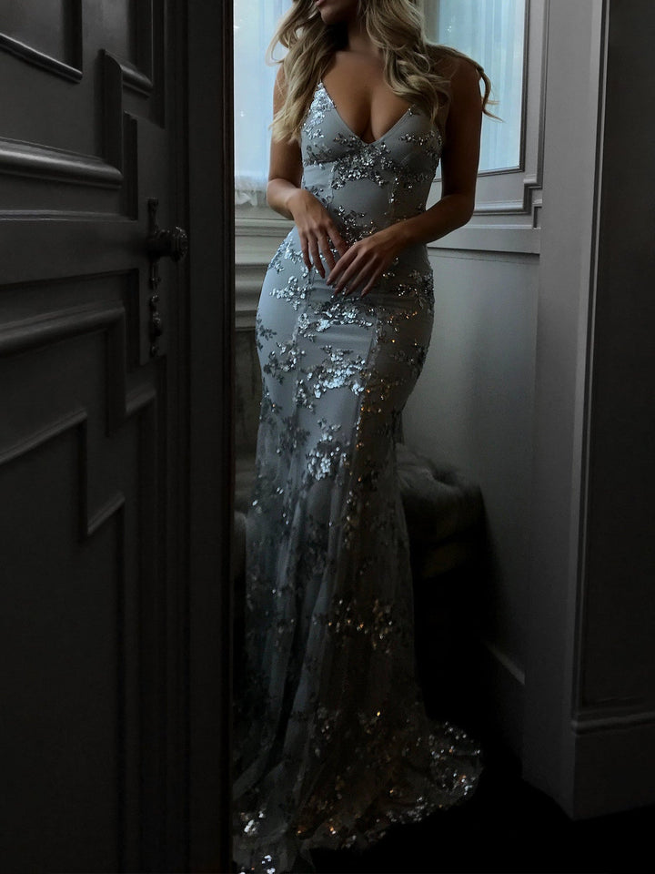 Backless Maxi Dress with Sequin V-Neck