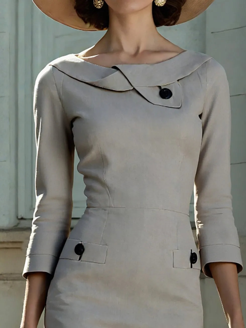Vintage-Inspired Midi Dress with Round Neck and Button Detail