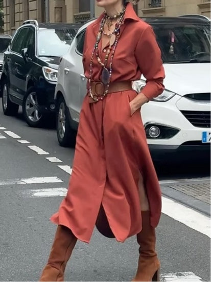 Button-Down Midi Shirt Dress with Lapel and Pocket